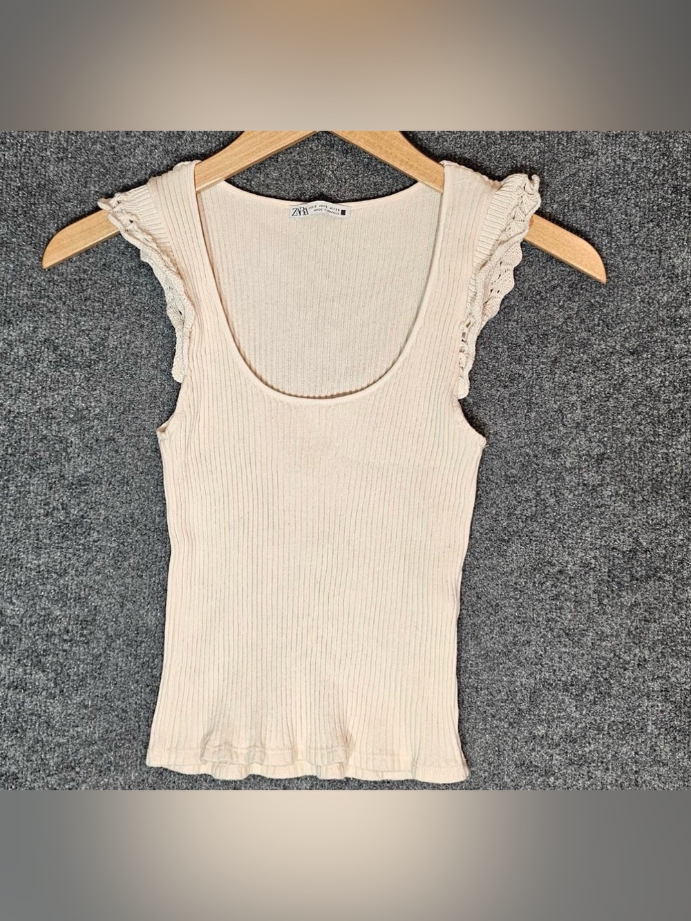 Zara Cream Ribbed Ruffle Sleeve Tank Top